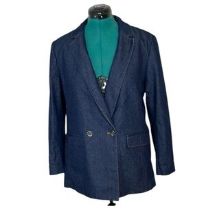 Ann Taylor Blue Denim Double-Breasted Blazer with Notched Lapels Size 14